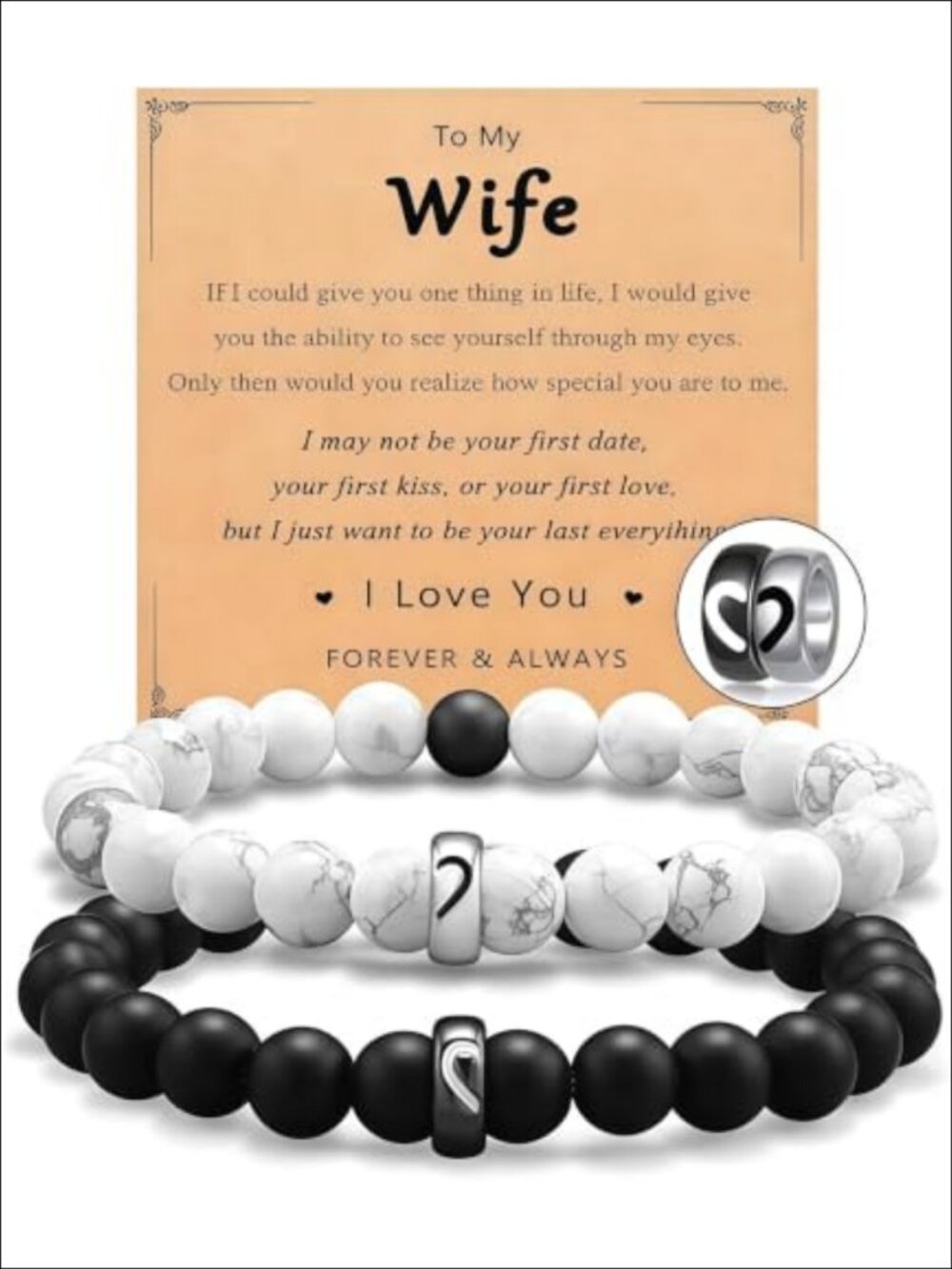 Natural Stone Stretch Beaded Bracelet Set Split Heart Charm for Couples